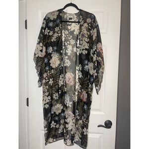 David & Young Sheer Duster Kimono One Size  Black W Multicolor Floral